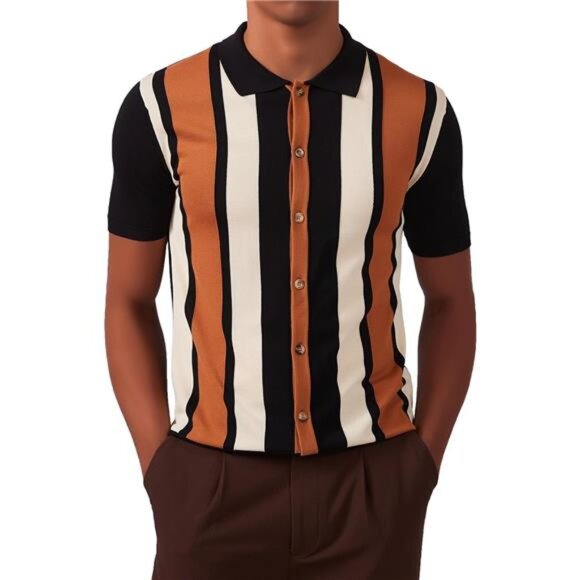 Men's Vintage Knit Polo Shirt Short Sleeve Black